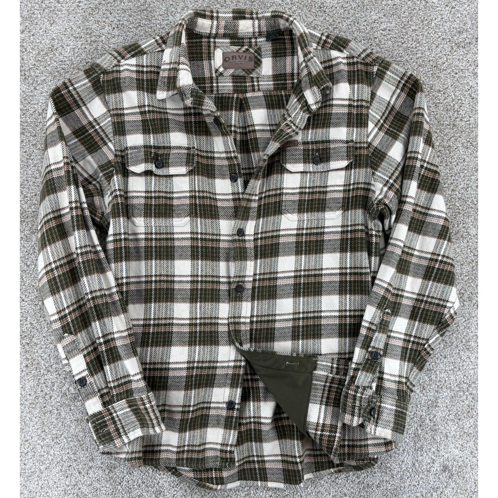 Orvis Big Bear Heavy Weight Blanket Flannel Over Shirt Men L Green Plaid Pockets
